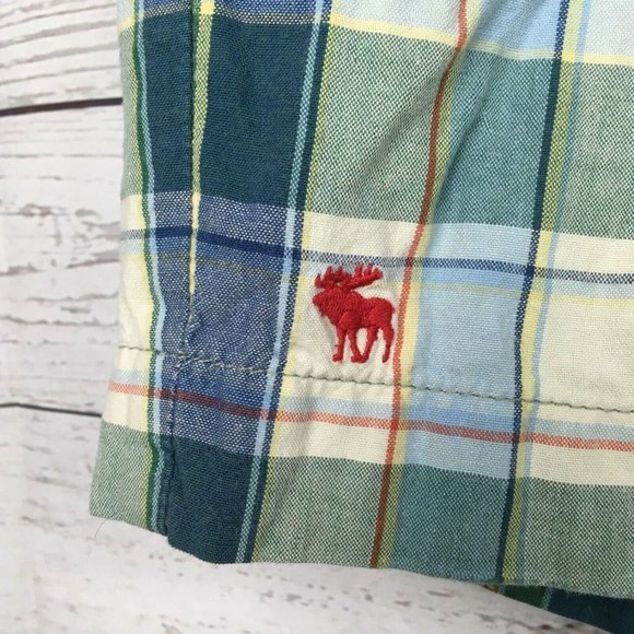 Abercrombie Fitch Mens Plaid Shorts sz 32 Blue Green Casual Flat Front Cotton - Picture 8 of 9